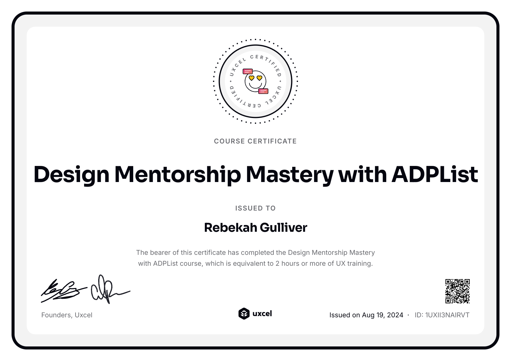 Rebekah Gulliver's certificate